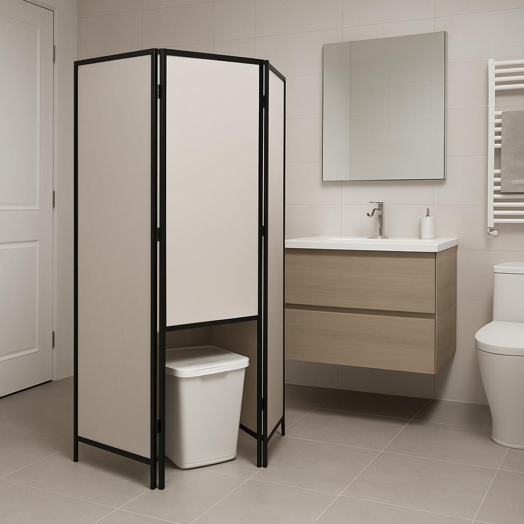 Bathroom with white walls and floor, toilet, sink, wood tone vanity, white divided room divider, and white trash can.