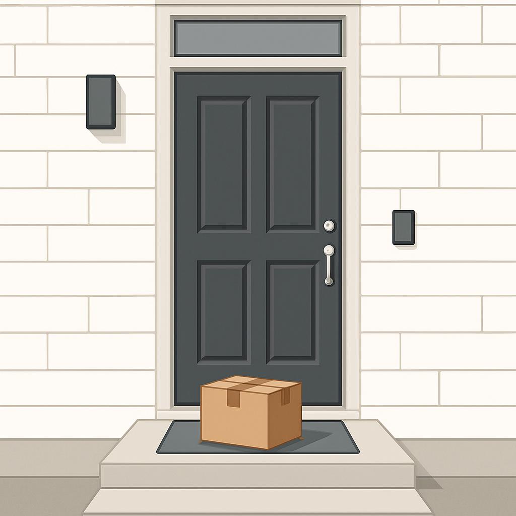 Carton box standing by a front door with a grey frame and gray-tiled exterior walls.