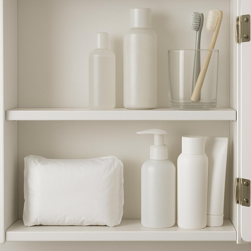 A sealed white rectangular shaving soap set into a white pillow in an open cupboard with other white bottles and tools.